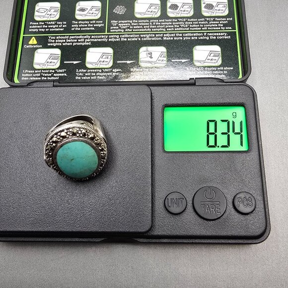 VTG 925 Sterling Silver Turquoise & Marcasite Ring Size 6.5 Signed Filigree - Picture 11 of 11